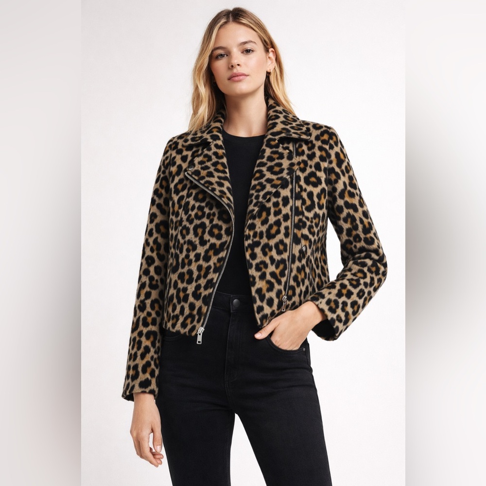 Topshop Leopard Print Moto Biker Jacket Cropped Animal Print
